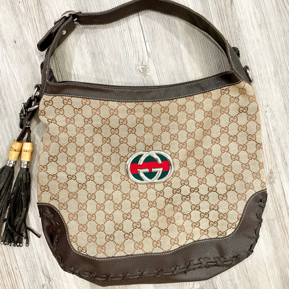 SOLD!! GG Brown and Tan Shoulder Bag with GG Monogram - Picture 1 of 9